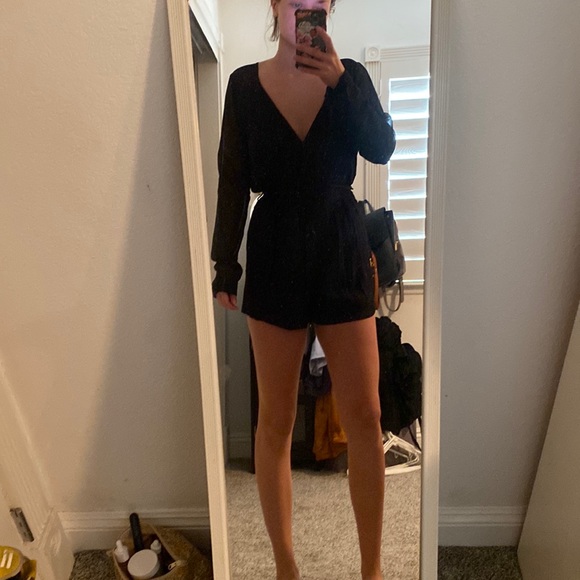 Black Longsleeve Romper with Bow Tie Waist - Picture 1 of 4